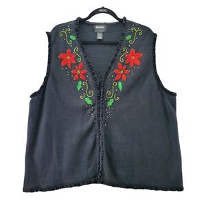 Studio Joy Womens Sweater Vest 2X Black Red Poinsettia Holiday Christmas